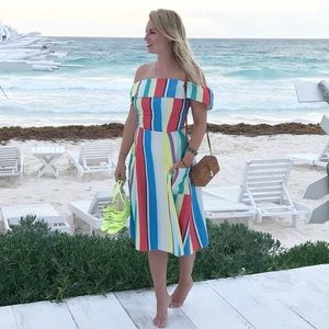 ASOS multi colored stripe off shoulder midi dress
